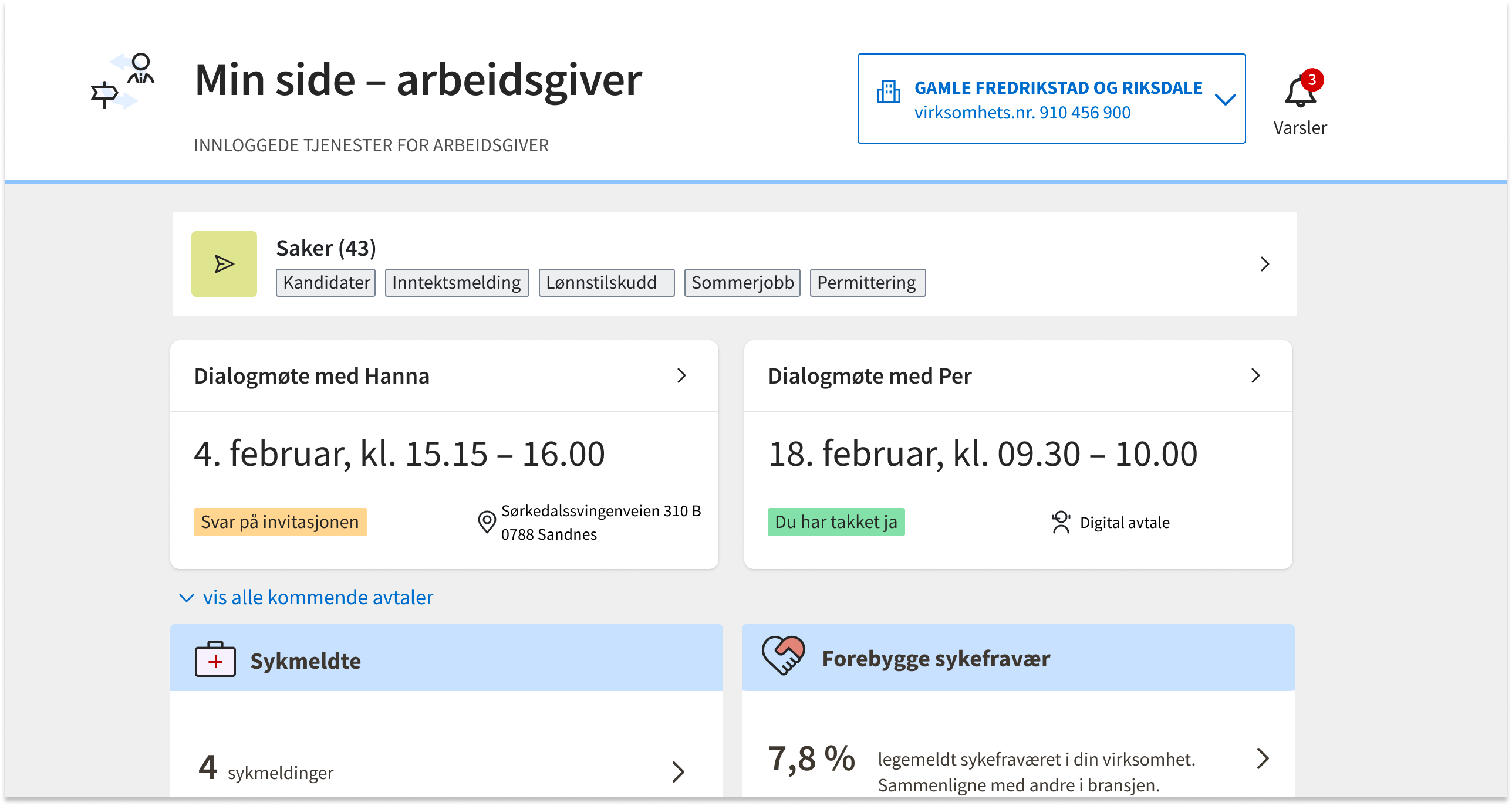 Eksempel på kommende kalenderavtaler på min side arbeidsgiver.