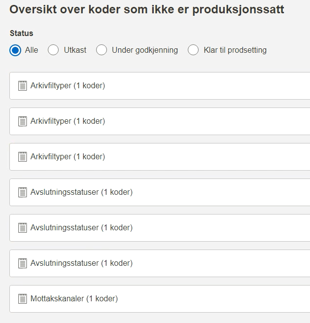 Oversikt ikke prodsatt koder