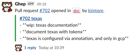 A pull request posted to Slack