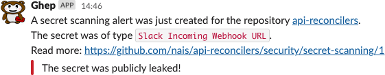 A secret scanning alert posted to Slack