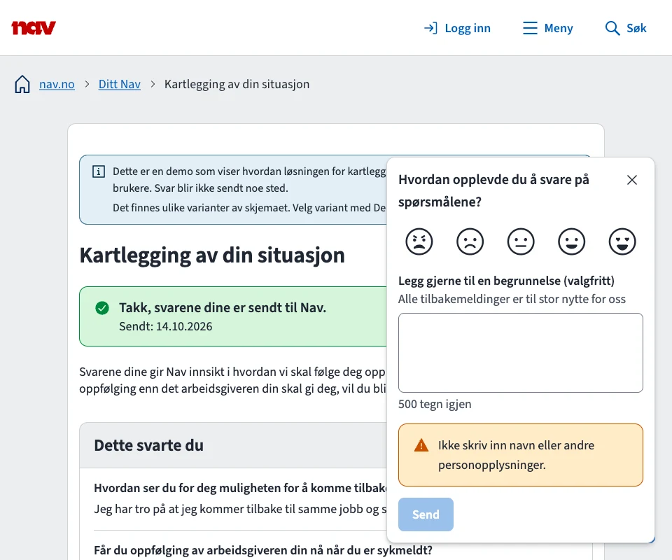 Lumi-surveyen åpen nederst til høyre i demoen av kartleggingsspørsmål for sykmeldte, som har samme utseende som nav.no. Den spør hvordan brukeren opplevde å svare på spørsmålene, med fem emojier og et valgfritt tekstfelt.